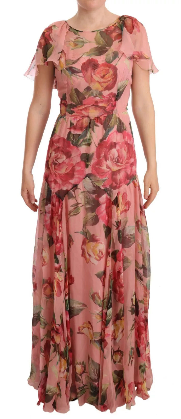 Robe longue superposée à imprimé floral en soie rose Dolce &amp; Gabbana