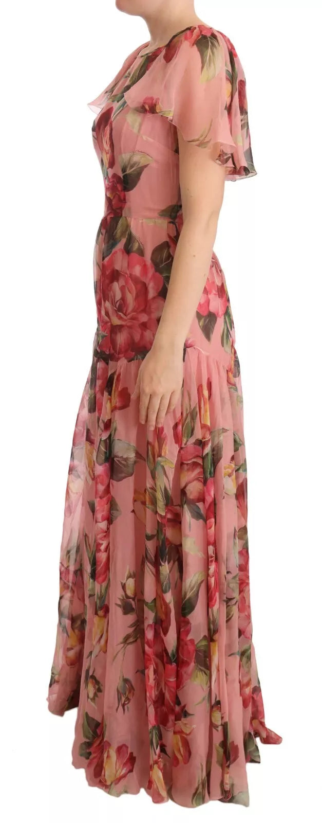 Robe longue superposée à imprimé floral en soie rose Dolce &amp; Gabbana