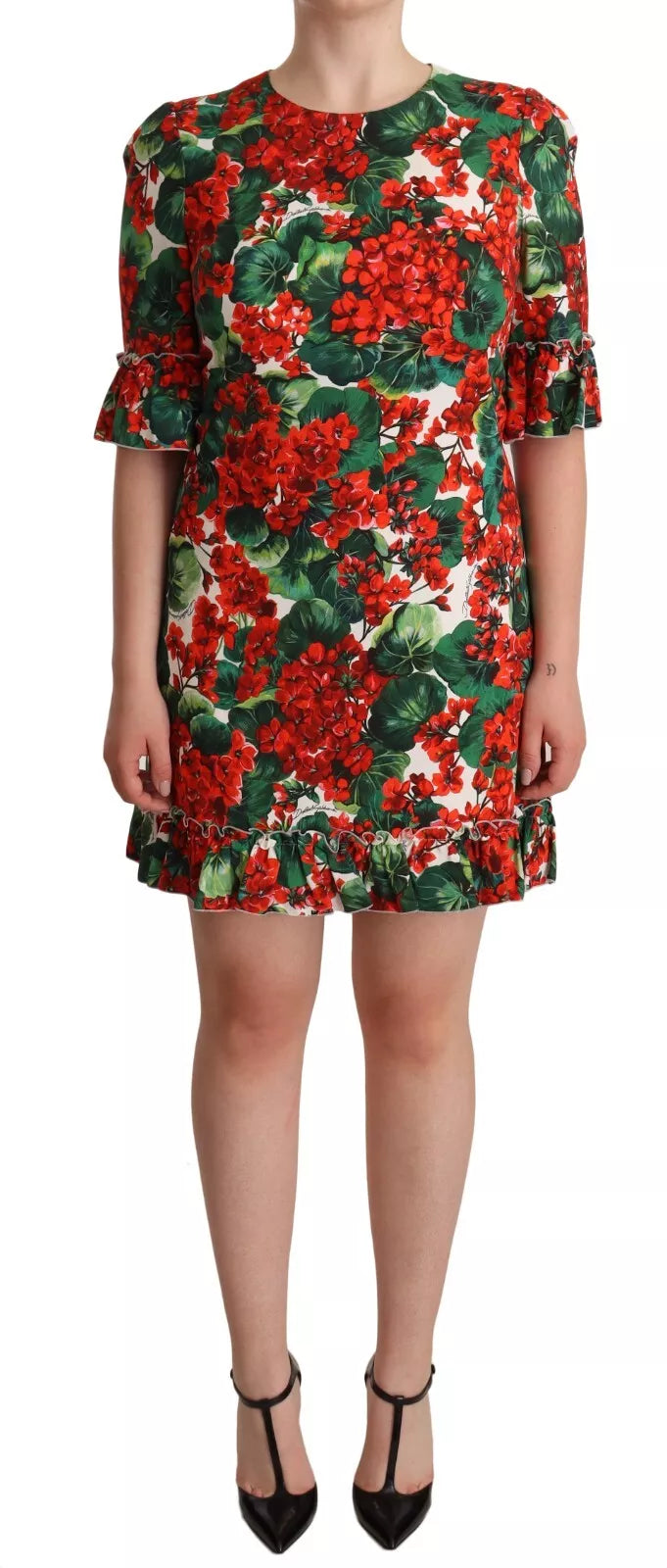 Robe mi-longue en popeline à imprimé portofino rouge et vert Dolce &amp; Gabbana