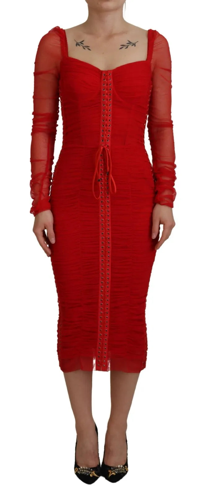 Vestido midi ajustado con ribete de malla roja de Dolce &amp; Gabbana