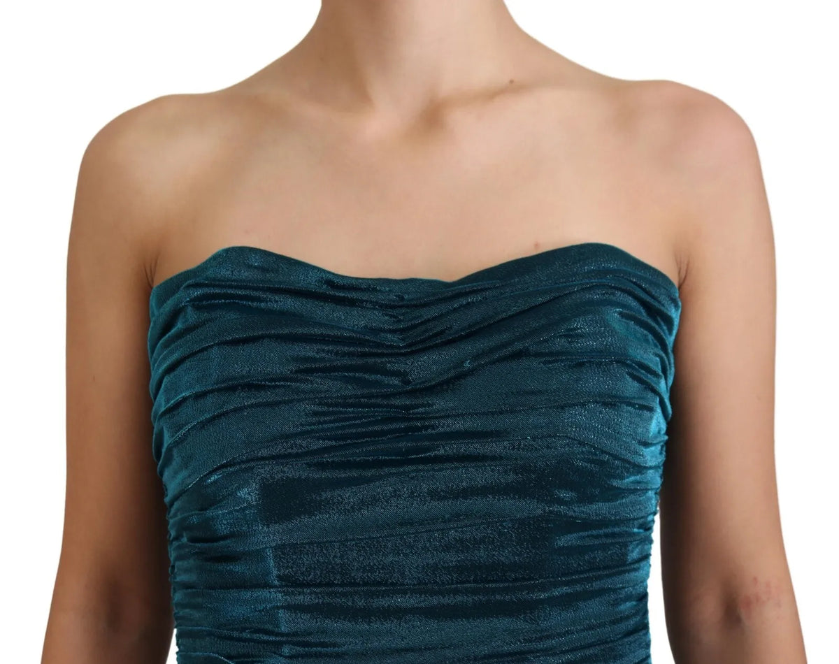 Dolce & Gabbana Silk Blend Blue Satin Fitted Strapless Dress