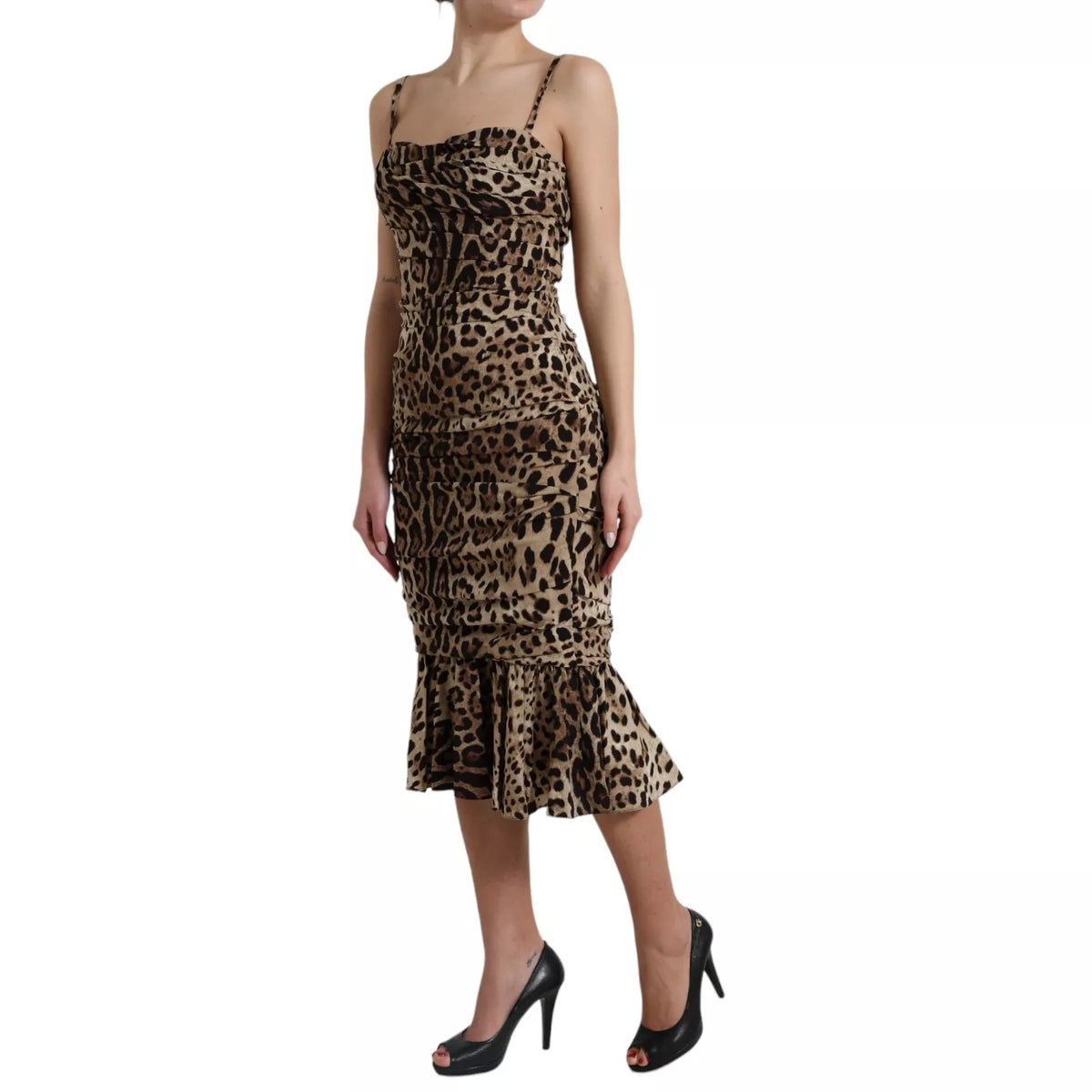 Vestido midi fruncido con estampado de leopardo en seda marrón de Dolce &amp; Gabbana