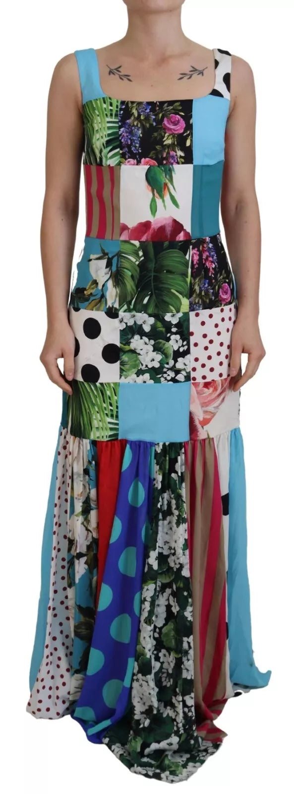 Robe longue fourreau en soie patchwork multicolore Dolce &amp; Gabbana