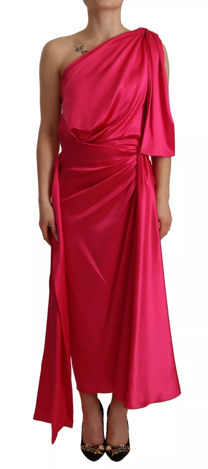 Robe mi-longue asymétrique ajustée en soie rose Dolce &amp; Gabbana