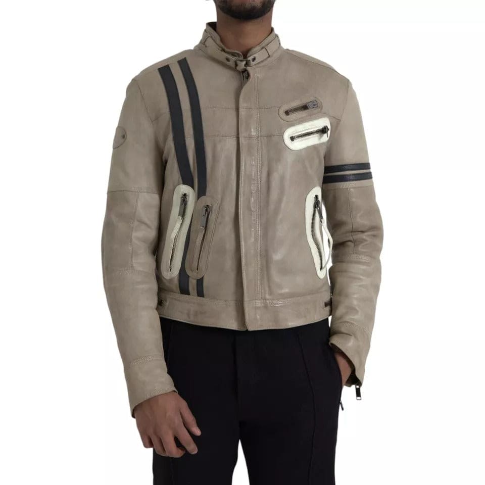 Dolce &amp; Gabbana Veste motard en cuir beige avec fermeture éclair intégrale