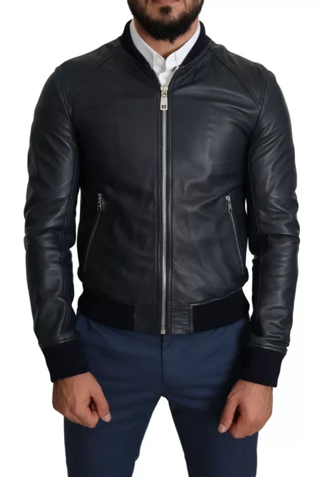 Cazadora bomber de piel negra con cremallera completa para hombre de Dolce &amp; Gabbana