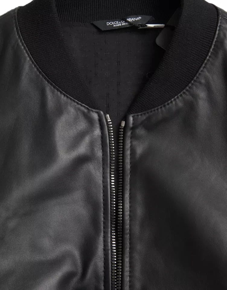 Blouson motard zippé en cuir noir Dolce &amp; Gabbana