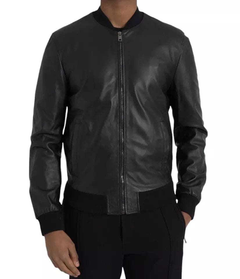 Blouson motard zippé en cuir noir Dolce &amp; Gabbana