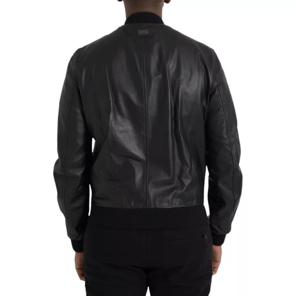 Blouson motard zippé en cuir noir Dolce &amp; Gabbana