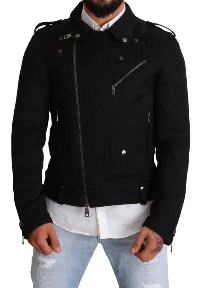 Veste de motard zippée en brocart noir Dolce &amp; Gabbana