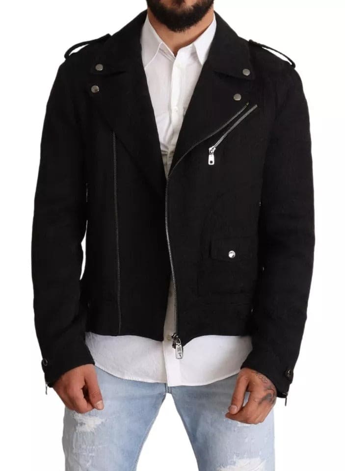 Veste de motard zippée en brocart noir Dolce &amp; Gabbana