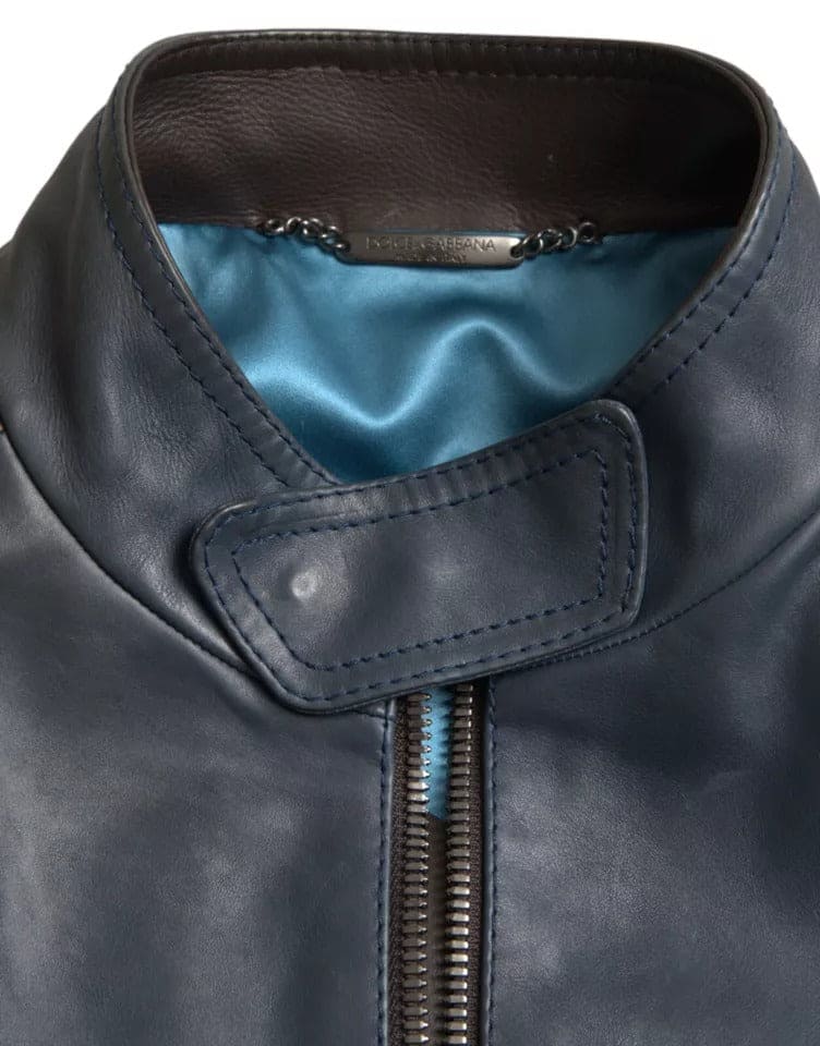 Blouson motard zippé en cuir bleu Dolce &amp; Gabbana