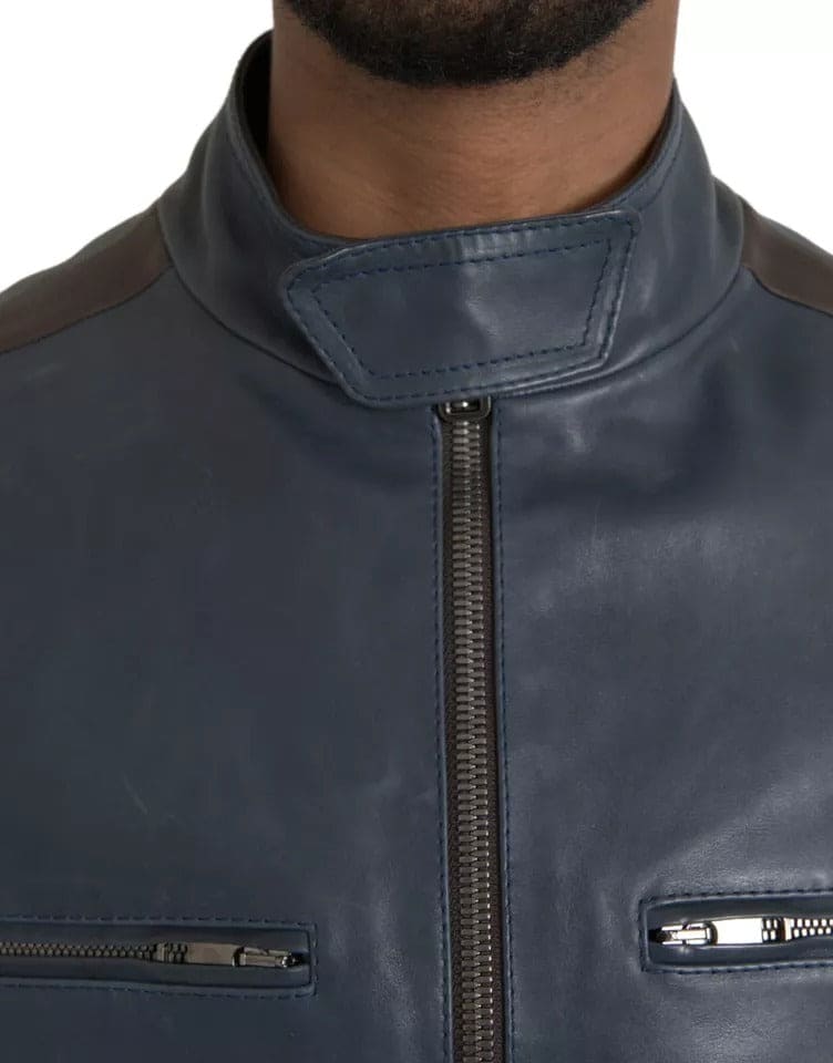 Blouson motard zippé en cuir bleu Dolce &amp; Gabbana