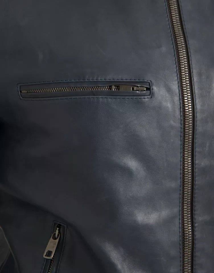 Blouson motard zippé en cuir bleu Dolce &amp; Gabbana