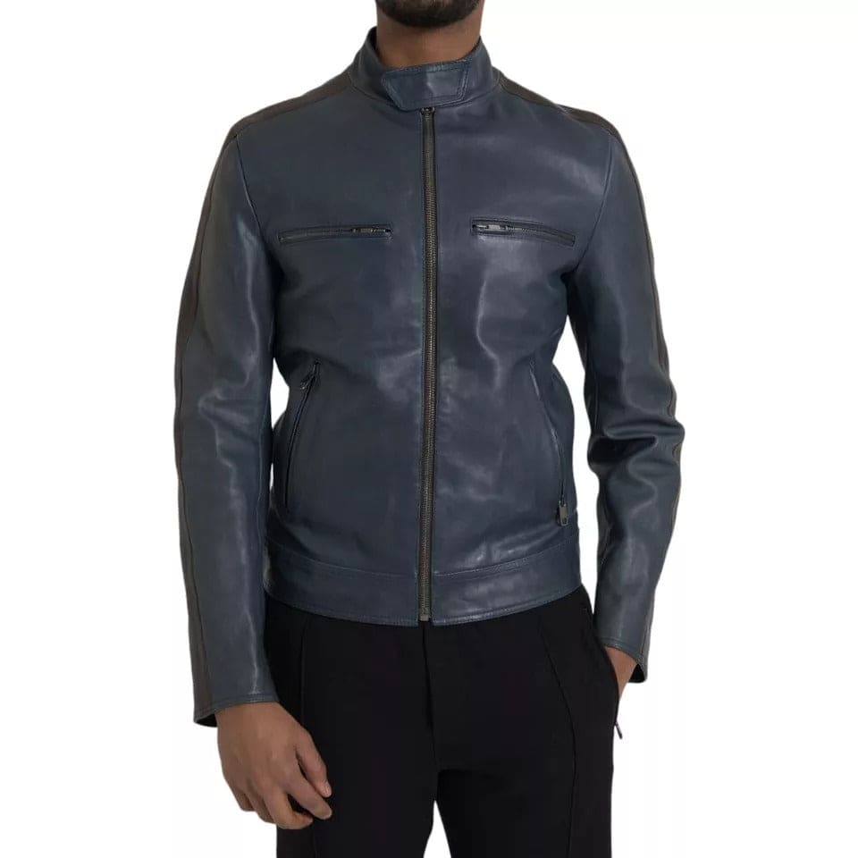 Blouson motard zippé en cuir bleu Dolce &amp; Gabbana