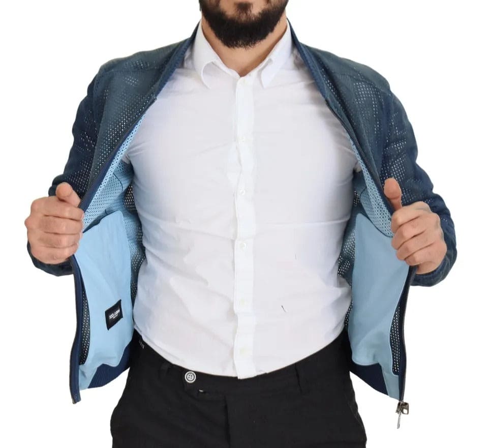 Veste zippée en cuir perforé bleu Dolce &amp; Gabbana