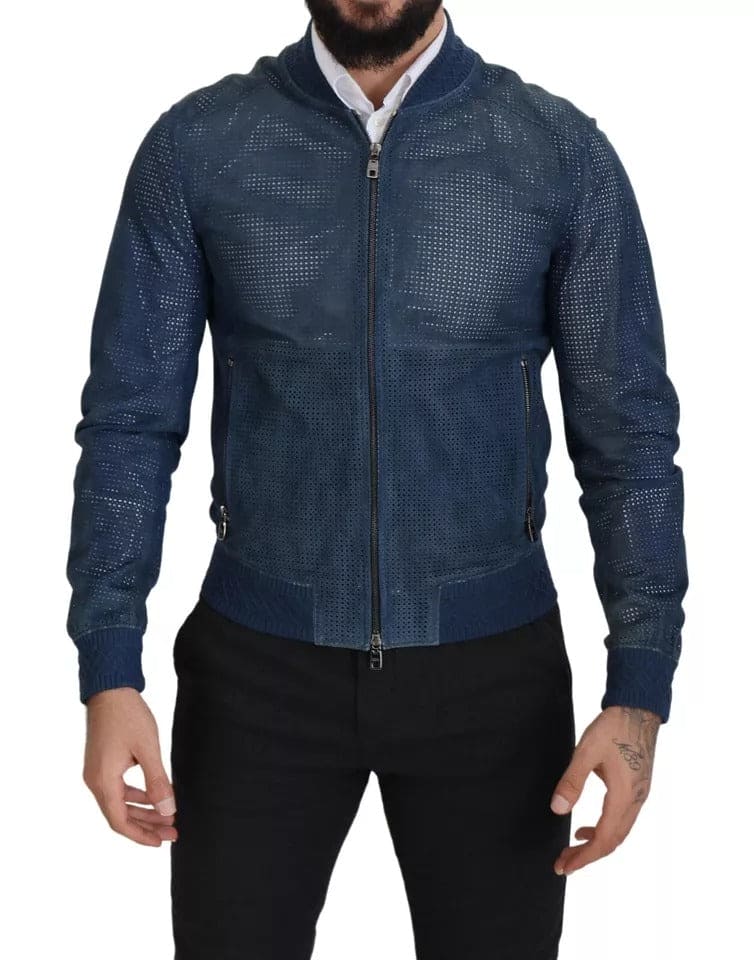 Veste zippée en cuir perforé bleu Dolce &amp; Gabbana