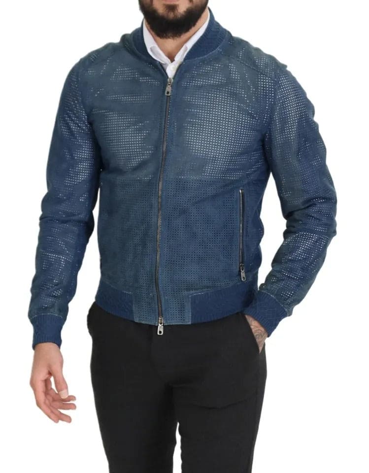 Veste zippée en cuir perforé bleu Dolce &amp; Gabbana