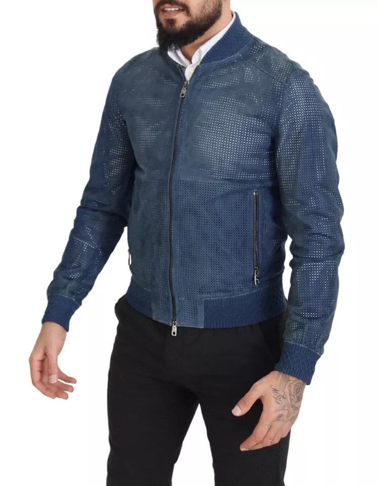 Veste zippée en cuir perforé bleu Dolce &amp; Gabbana