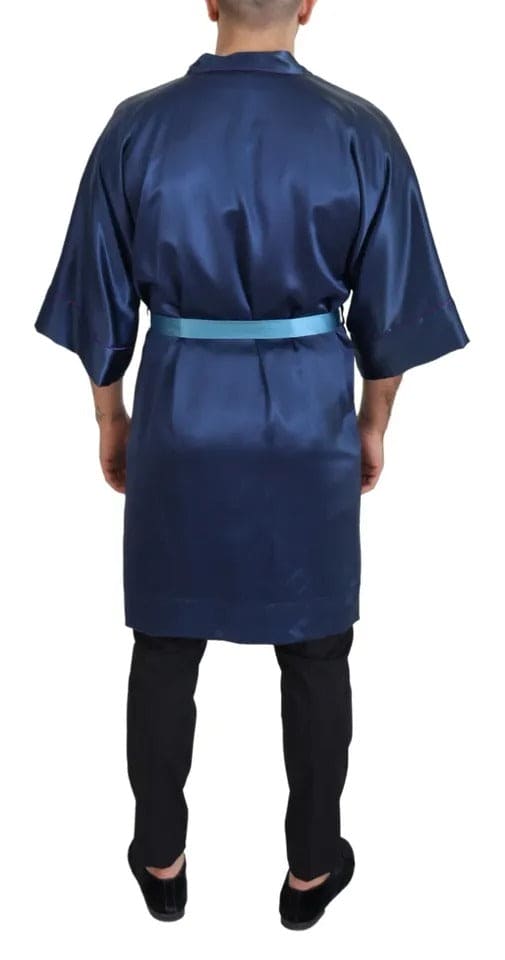 Dolce & Gabbana Blue Satin Silk Waist Belt Robe Jacket