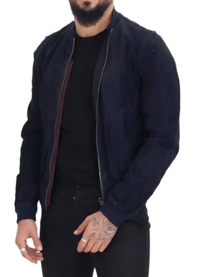 Veste blouson en cuir d'agneau suédé bleu foncé Dolce &amp; Gabbana