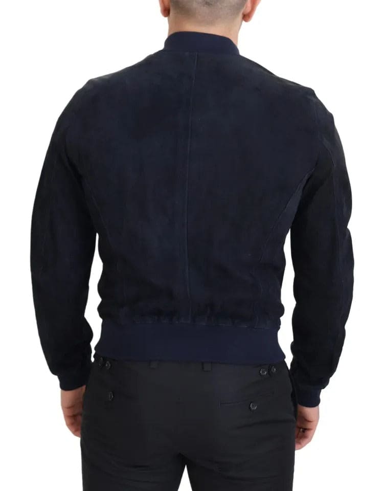 Veste blouson en cuir d'agneau suédé bleu foncé Dolce &amp; Gabbana