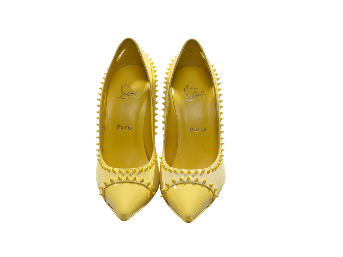 Escarpins cloutés en cuir verni jaune et daim Christian Louboutin Duvette Spikes 100