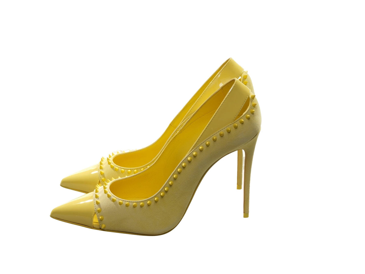 Escarpins cloutés en cuir verni jaune et daim Christian Louboutin Duvette Spikes 100