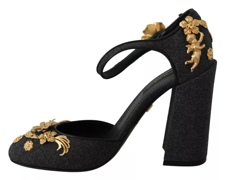 Zapatos de salón con tiras en el tobillo y apliques de ángel con flores en negro de Dolce &amp; Gabbana