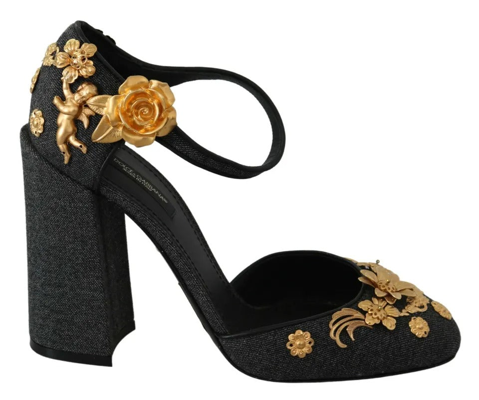 Zapatos de salón con tiras en el tobillo y apliques de ángel con flores en negro de Dolce &amp; Gabbana