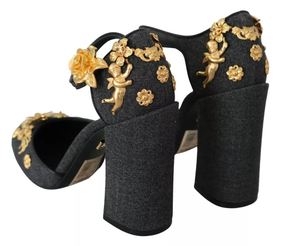 Zapatos de salón con tiras en el tobillo y apliques de ángel con flores en negro de Dolce &amp; Gabbana