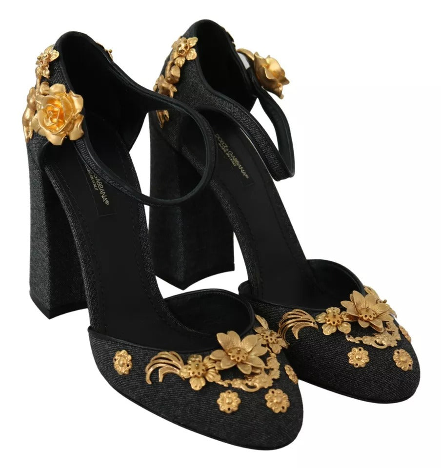 Zapatos de salón con tiras en el tobillo y apliques de ángel con flores en negro de Dolce &amp; Gabbana