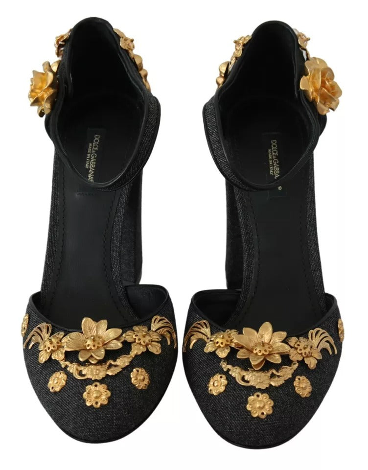 Zapatos de salón con tiras en el tobillo y apliques de ángel con flores en negro de Dolce &amp; Gabbana