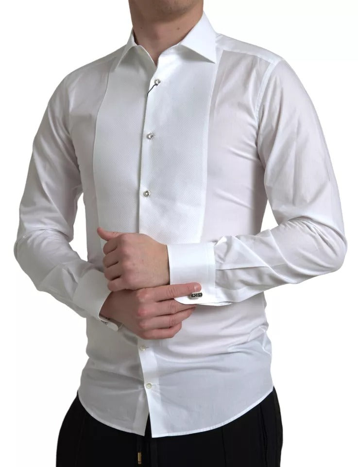 Dolce & Gabbana White Bib Cotton Poplin Men Formal GOLD Shirt