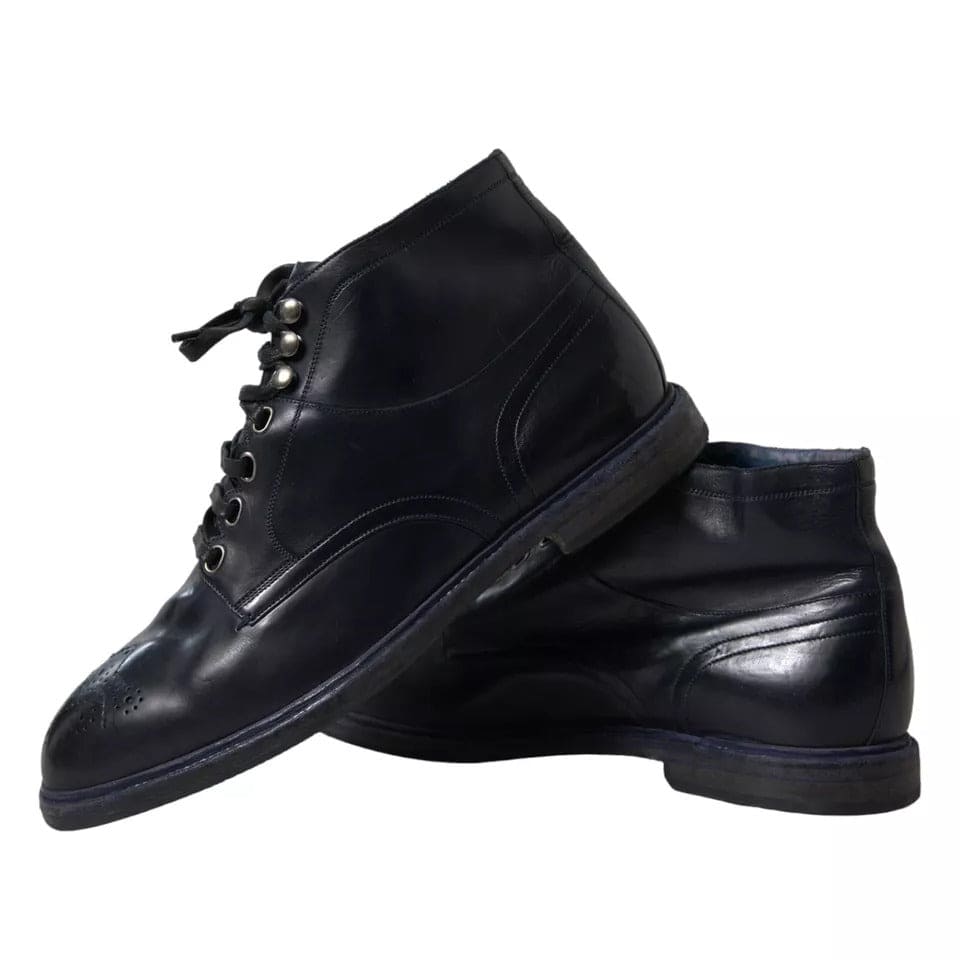 Dolce & Gabbana Navy Blue Leather Lace Up Ankle Boots Shoes