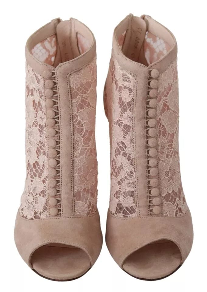 Dolce & Gabbana Beige Lace Suede Peep Toe Ankle Boots Shoes