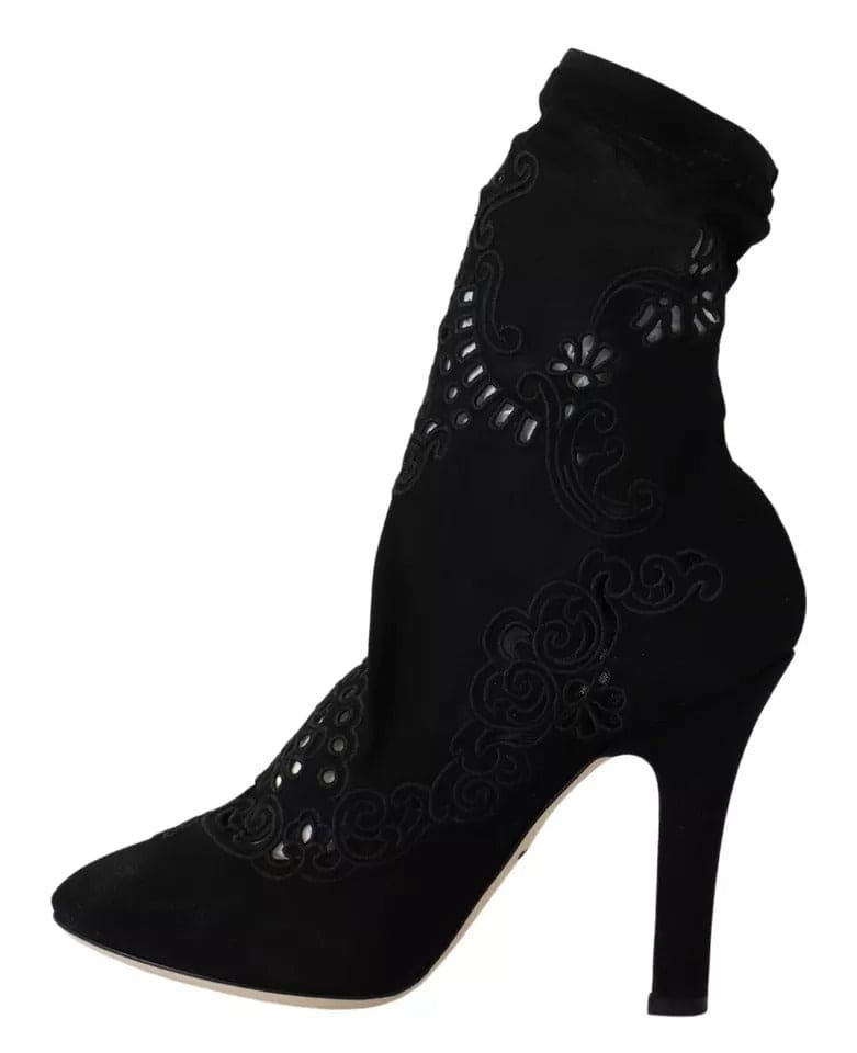 Botas negras con tacón elástico y encaje floral de Dolce &amp; Gabbana