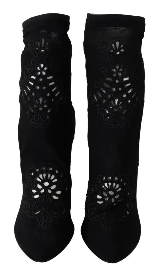 Botas negras con tacón elástico y encaje floral de Dolce &amp; Gabbana