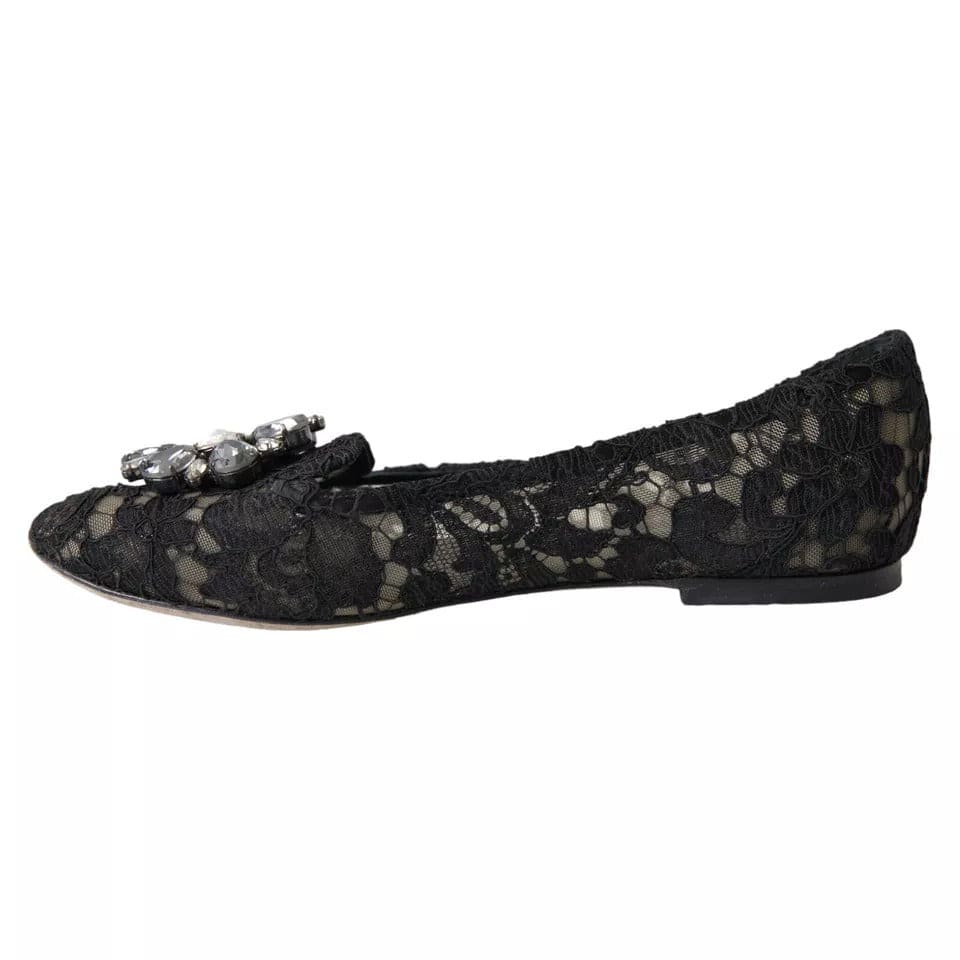 Dolce & Gabbana Black Taormina Lace Crystals Flats Shoes