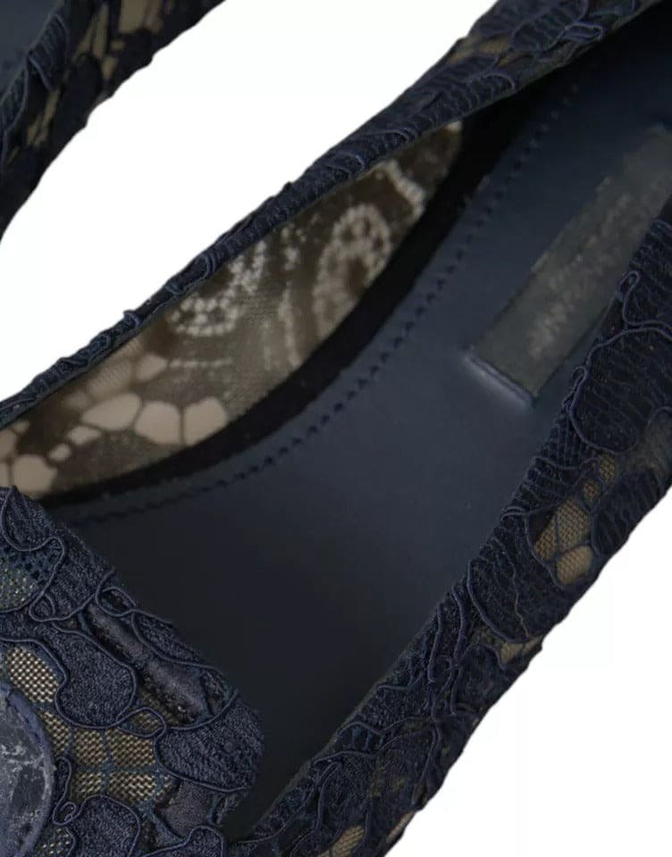 Dolce & Gabbana Dark Blue Taormina Lace Slip On Flats Shoes