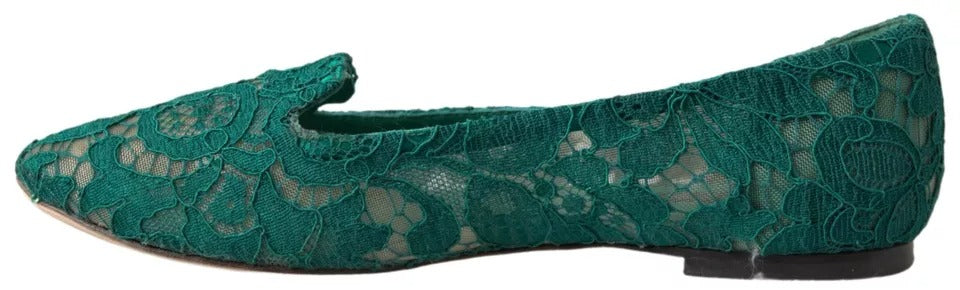 Dolce & Gabbana Green Floral Lace Loafers Flats Shoes