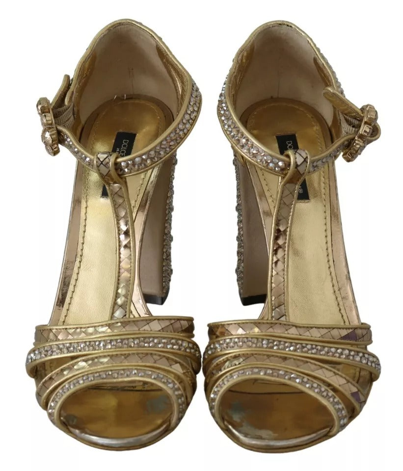 Dolce & Gabbana Gold Crystals T-strap Sandals Leather Shoes