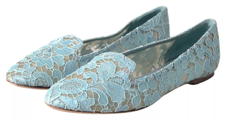 Mocassins plats en dentelle fleurie bleu clair Dolce &amp; Gabbana