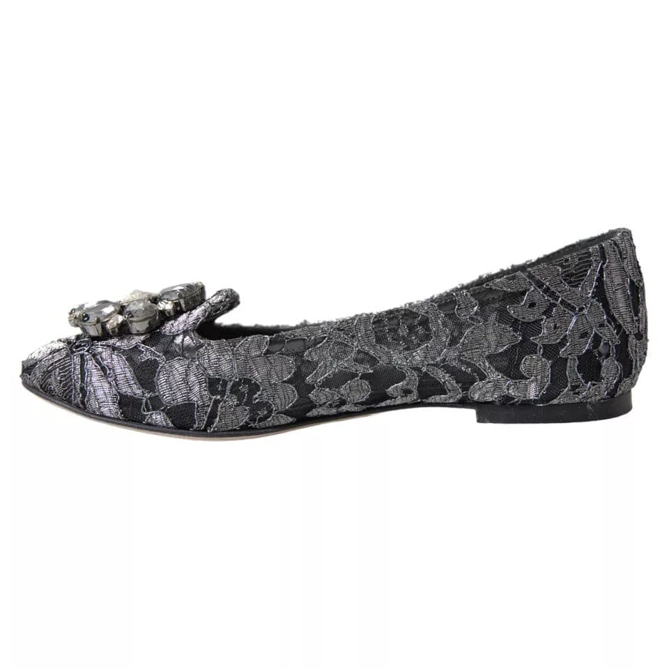 Mocassins de ballet en dentelle et cristaux Dolce &amp; Gabbana gris et noir