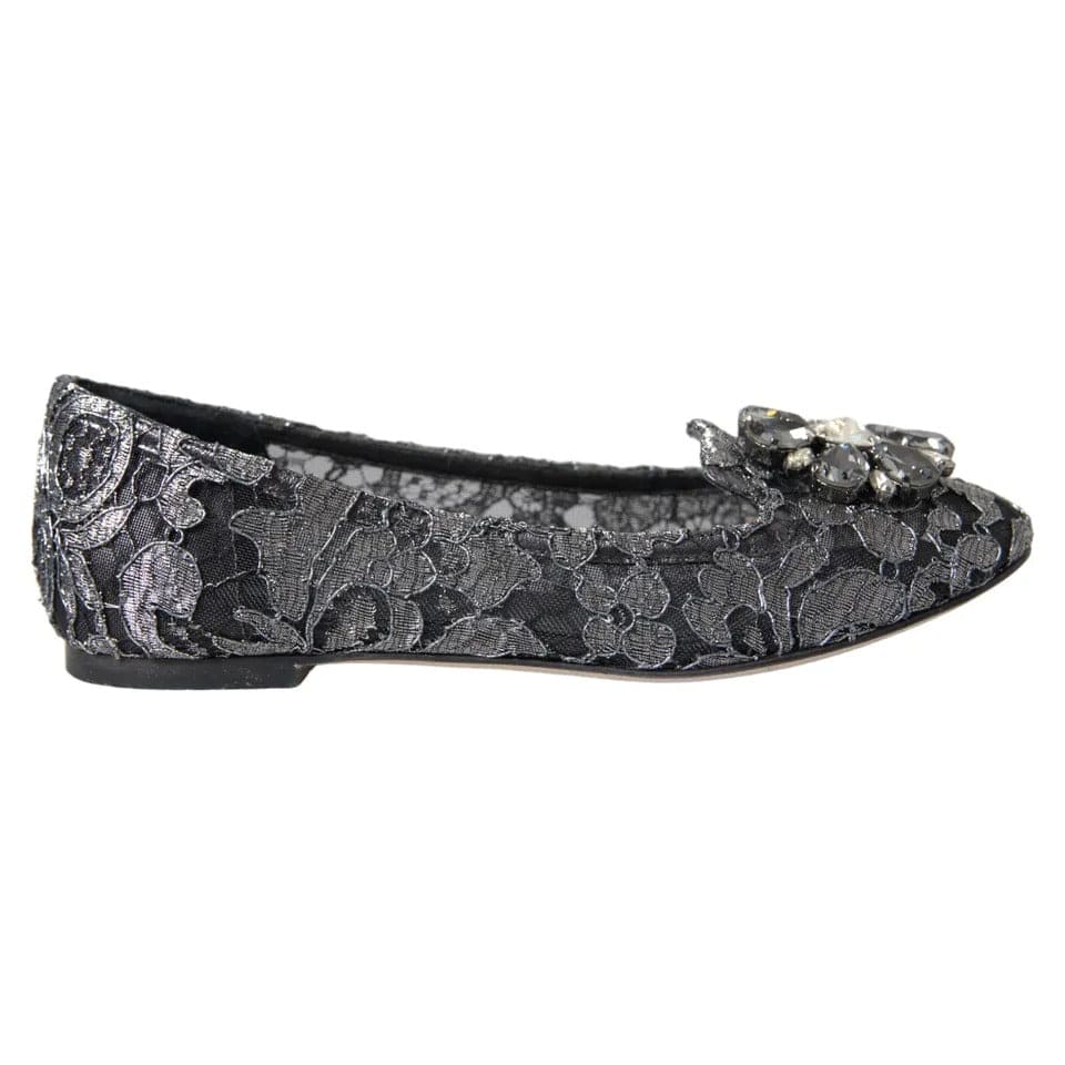 Mocassins de ballet en dentelle et cristaux Dolce &amp; Gabbana gris et noir