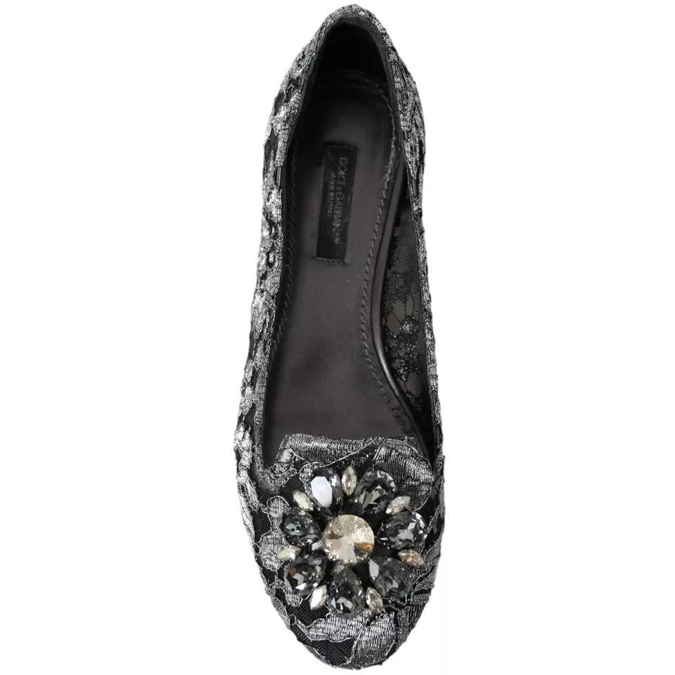 Mocassins de ballet en dentelle et cristaux Dolce &amp; Gabbana gris et noir