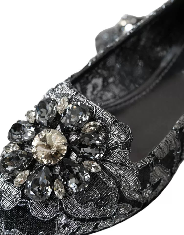 Mocassins de ballet en dentelle et cristaux Dolce &amp; Gabbana gris et noir