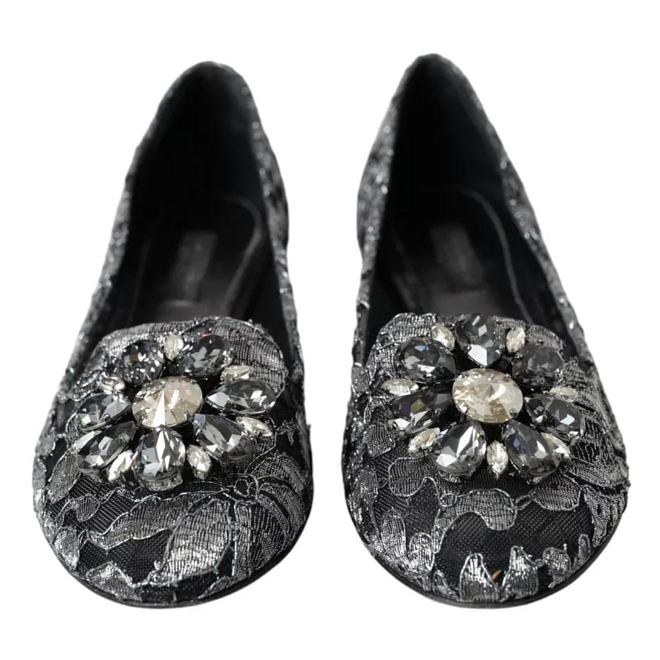 Mocasines de ballet con cristales y encaje negro en gris de Dolce &amp; Gabbana