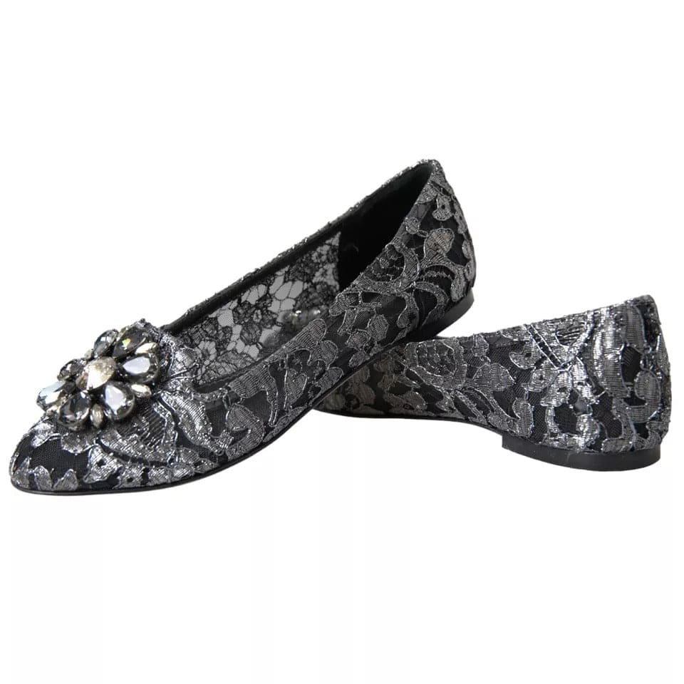 Mocassins de ballet en dentelle et cristaux Dolce &amp; Gabbana gris et noir