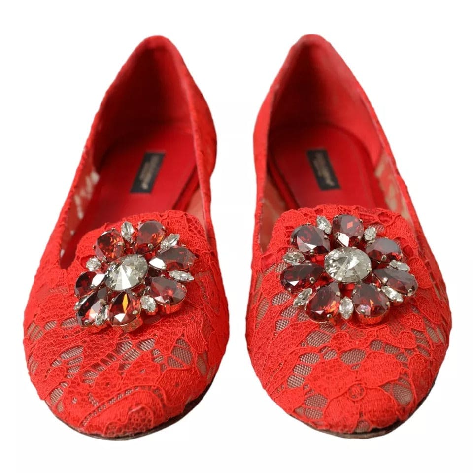 Dolce & Gabbana Red Lace Crystal Ballet Loafers Shoes